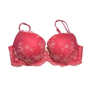 Victoria's Secret Reddish Fuschia Pink Lace Bra with Sparkle Embellishments 34D